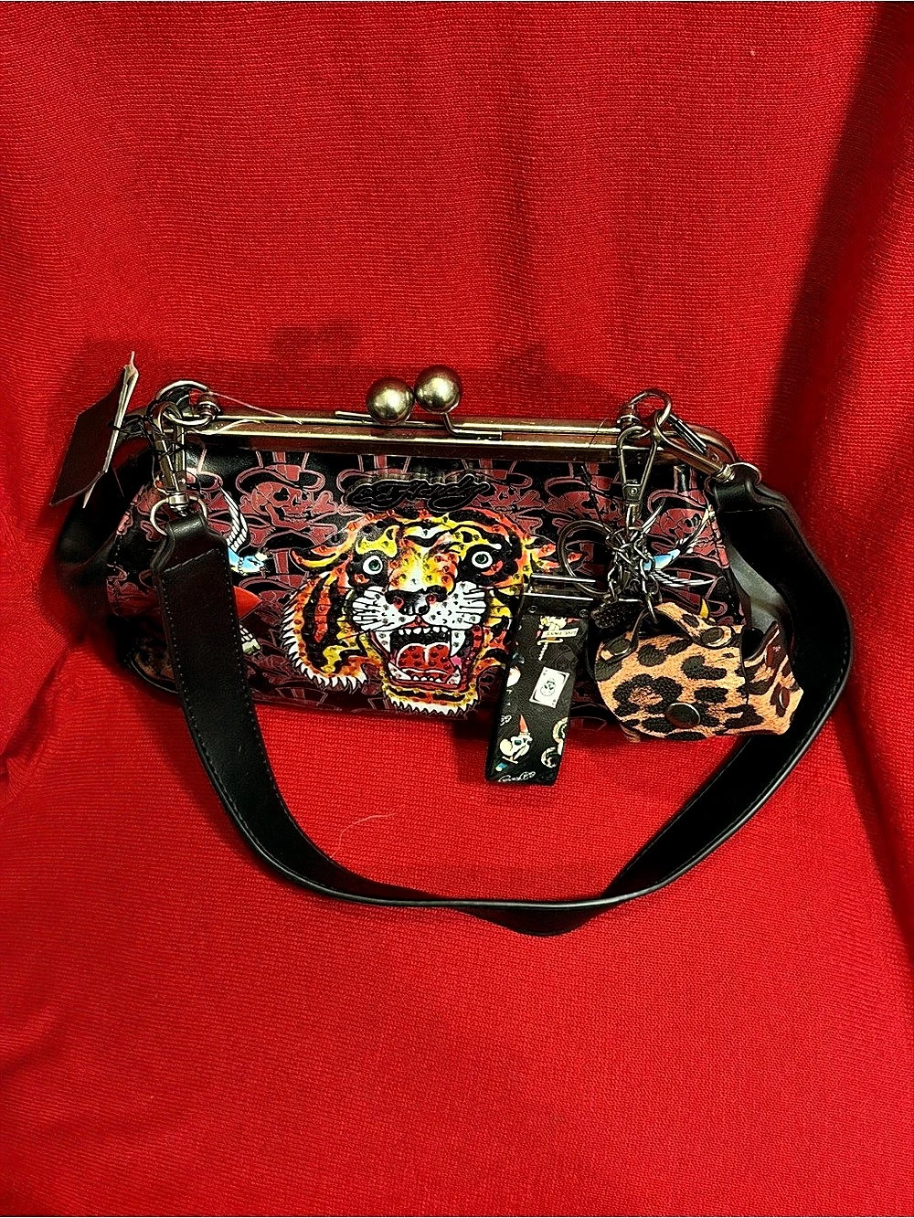 Ed Hardy Kiss Lock Shoulder Bag with Screaming Tiger Black & Red
